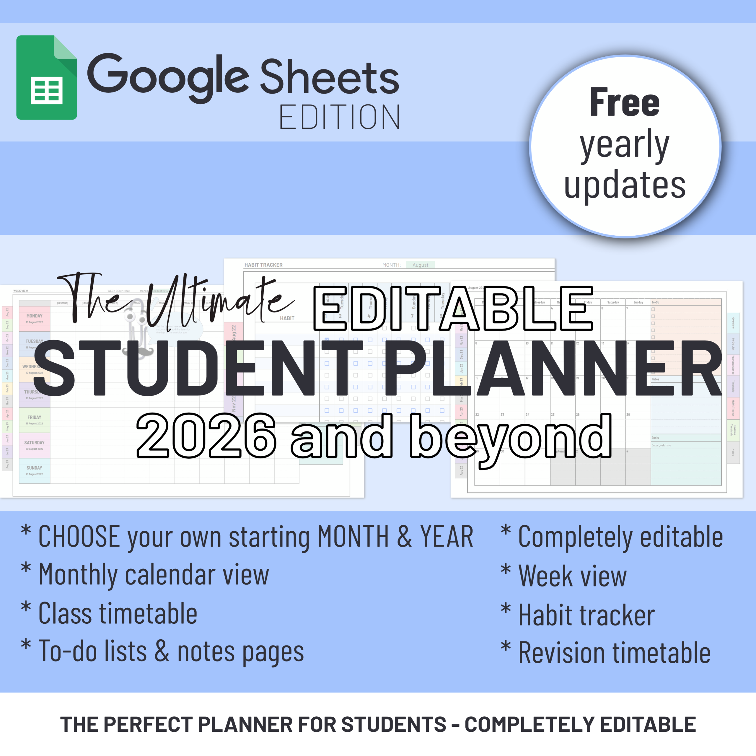 The Ultimate Editable Student Planner & Monthly Calendar | 2026 and beyond | Google Sheets Template